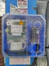 Kiev, Ukraine - April 16, 2021: Three-phase electricity meter Gama 300 G3B