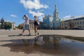 Kiev, Ukraine - August 08, 2017: Couple strolls to lunch on the Kontraktovay square