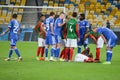 KIEV, UKRAINE - August 24, 2017: Injured football player lying o