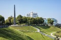 Kiev, Ukraine - August 30, 2018: Monument in the Park of Eternal Glory on the background of green grass and blue sky