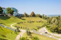 Kiev, Ukraine - August 30, 2018: Monument in the Park of Eternal Glory on the background of green grass and blue sky