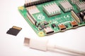 Kiev, Ukraine - August 13th, 2020: usb type 3 cord with a micro sd card lying next to a single-board computer raspberry pi 4 on a