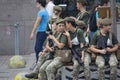 Kiev, Ukraine - Avgust 18, 2018: Female soldiers of women `s battalion await rehearsal of military parade Royalty Free Stock Photo