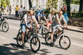 Kiev, Ukraine, 2019.06.01. Bicycle Festival. A group of cyclists rides through the streets on a sunny summer day Royalty Free Stock Photo