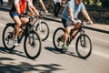 Kiev, Ukraine, 2019.06.01. Bicycle Festival. A group of cyclists rides through the streets on a sunny summer day Royalty Free Stock Photo