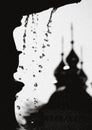 Kiev, Ukraine: black and white photo, the image of the Church domes on the background drops from a fountain. Royalty Free Stock Photo