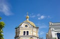 Church building architecture, Pechersk Lavra monastery with golden cupol against blue sky background Royalty Free Stock Photo