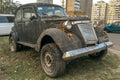 Kiev, Ukraine, December 2019: - Antique retro rusty gray car NSU-FIAT Limousine, is parked in urban residential area in Kiev