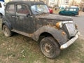 Kiev, Ukraine, December 2019: - Antique retro rusty gray car NSU-FIAT Limousine, is parked in urban residential area in Kiev