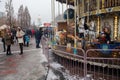 Kiev, Ukraine - December 30, 2018: Festive merry-go-round near Mikhailovskaya Square