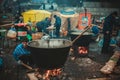 Kiev. Ukraine. December 19, 2013. People cooking in the camp on