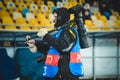 KIEV, UKRAINE - December 12, 2018: Photographer and journalist working with the camera during the UEFA Champions League match