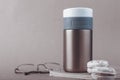 KIEV, UKRAINE - DECEMBER 03, 2020: Reusable thermos cup Kanbukka made of 18/10 steel. Convenient waterproof travel mug