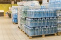 Kiev, Ukraine. February 1 2018. Various choice of plastic mineral water bottles display on the supermarket shelves