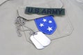 KIEV, UKRAINE - Jan 31, 2017. US ARMY Branch Of Service Tape with dog tags and flag patch on uniform