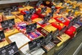 Kiev, Ukraine, January 2020: - Many choice of delicious hard cheese variety in the food counter of the Cosmos supermarket in Kiev