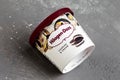 KIEV, UKRAINE - January 03, 2021: Mini cup of `Haagen Dazs` flavored vanilla ice cream with chocolate brownie