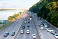 Kiev, Ukraine - July 21, 2023. City traffic. Many cars drive along theon the embankment