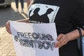 Kiev, Ukraine - July 13,2018: Female protester stands and holds a broadsheet demanding to free Ukrainian citizen Oleg Sentsov