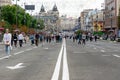 Kiev, Ukraine - July 14, 2019. Khreshchatyk st. Double dividing strip. People walk on the roadway with blocked traffic