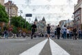 Kiev, Ukraine - July 14, 2019. Khreshchatyk st. White double dividing line. People walking along a roadway