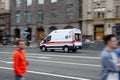 Kiev, Ukraine - July 14, 2019. Khreshchatyk. A white ambulance quickly drives along a wide city street. Blurred motion