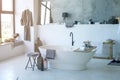 KIEV, UKRAINE - JULY 18, 2020: Minimalist white scandinavian bathroom