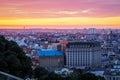 Kiev, Ukraine - July 4, 2019: Panorama of city Kiev, observation deck on the Dnipro, sunset sky in the background forms