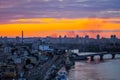 Kiev, Ukraine - July 4, 2019: Panorama of city Kiev, observation deck on the Dnipro, sunset sky in the background forms