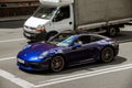 Kiev, Ukraine - June 12, 2021: Blue supercar Porsche 911 Carrera S in the city