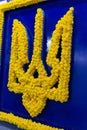 Kiev, Ukraine - June 08, 2018 - Coat of arms of Ukraine laid out of yellow roses