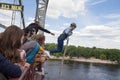 Kiev, Ukraine - June 12, 2016: Girl tries himself in the extreme Royalty Free Stock Photo