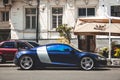 Kiev, Ukraine - June 19, 2021: Luxury blue Audi R8 supercar parked in the city
