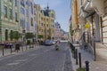 Kiev, Ukraine - June 10, 2018: Old modern historic upscale town colorful street buildings of Kiev