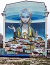 Kiev, Ukraine. Ukrainian girl - patriotic street art graffiti. Creative drawing on the walls of the city, Andreevsky spusk