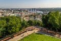 KIEV, UKRAINE - JUNE 15, 2019: a view of Kiev from a bird`s flight, hem, old town, Podolsky bridge, in summer in clear sunny