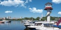 Kiev, Ukraine - June 01, 2018 : Yachts docked in city port. river parking of modern motor boats and blue river