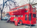 KIEV, UKRAINE - MAY 10, 2019: Old red double-decker bus from London as a cafe on a city street