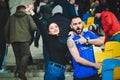 Kiev, UKRAINE - March 14, 2019: Chelsea  fans support the team during the UEFA Europa League match between Dynamo Kiev vs Chelsea Royalty Free Stock Photo