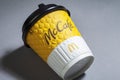 KIEV, UKRAINE March 17, 2020: Close-up view of a cup of hot McCafe coffee.