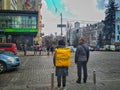 KIEV, UKRAINE - March 26, 2019: The courier of the international company Glovo, which provides services for the delivery of goods