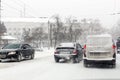 Kiev, Ukraine - March 1, 2018. Heavy snowfalls , frost and blizzard in Eastern Europe. Traffic jam. Abnormal frost and weather at Royalty Free Stock Photo