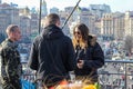 Jared Leto communicates with the military, behind their backs can be seen a tent city on the Maidan Nezalezhnosti