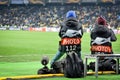 Kiev, UKRAINE - March 14, 2019: Journalists and photographers work on the match during the UEFA Europa League match between