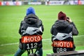 Kiev, UKRAINE - March 14, 2019: Journalists and photographers work on the match during the UEFA Europa League match between