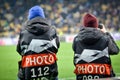 Kiev, UKRAINE - March 14, 2019: Journalists and photographers work on the match during the UEFA Europa League match between