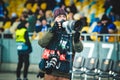 Kiev, UKRAINE - March 14, 2019: Journalists and photographers work and take photos during the UEFA Europa League match between