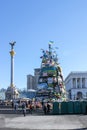 Maidan Nezalezhnosti, tree decorated with flags and posters during the times of Euromaidan