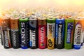 Many multi-colored used batteries from various manufacturers