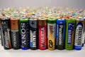 Many multi-colored used batteries from various manufacturers